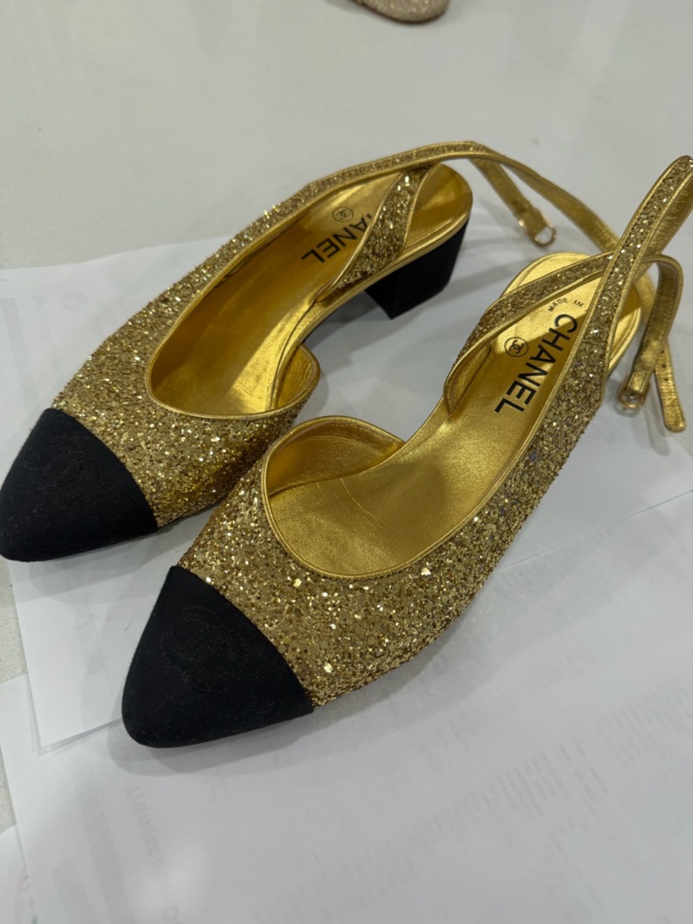 CHANEL Gold Glitter Slingback Pumps with Black Cap Toe - Picture 3 of 7